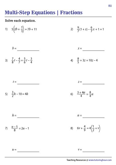 Multi Step Equations With Fractions Worksheet