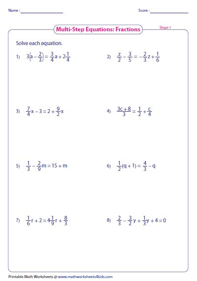 Multi Step Equations With Fractions Worksheet 7th Grade Multi Step Equations - 7th Grade Multi Step Equations