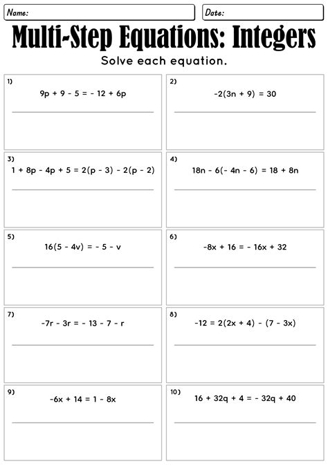 Multi Step Linear Equations Worksheet