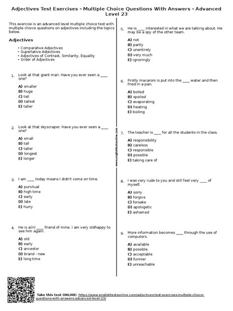 Multiple Choice Questions For Adjectives With Answers