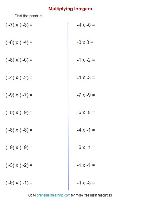 Multiplication Of Integers Worksheet