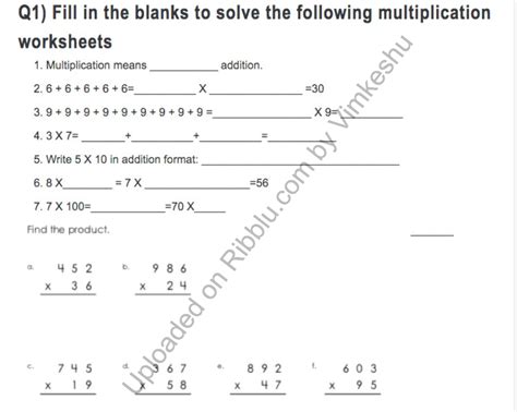 Multiplication Questions For Class 3