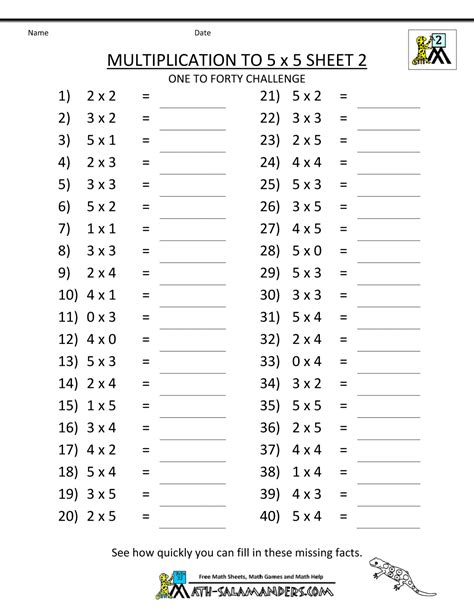 Multiplication To 5x5 Worksheets For 2nd Grade Math 2nd Grade Multiplication Worksheet Printable - 2nd Grade Multiplication Worksheet Printable