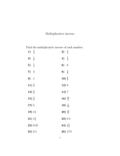 Multiplicative Inverse Worksheet With Solutions Tes Multiplicative Inverse Worksheet - Multiplicative Inverse Worksheet