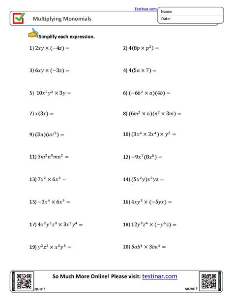Multiplying And Dividing Monomials Worksheet