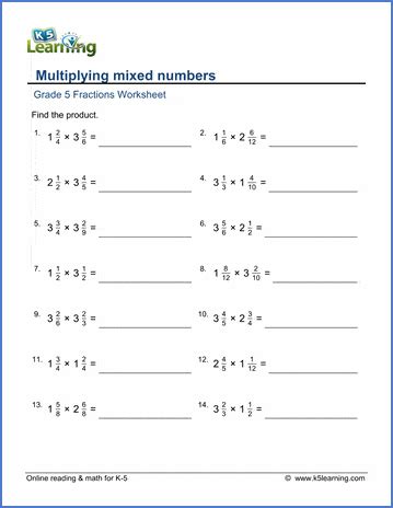 Multiplying Fractions And Mixed Numbers K5 Learning Multiply Fractions With Mixed Numbers - Multiply Fractions With Mixed Numbers