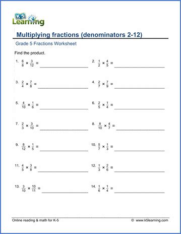 Multiplying Fractions Denominators 2 12 K5 Learning 5th Grade Multiply Fractions Worksheet - 5th Grade Multiply Fractions Worksheet