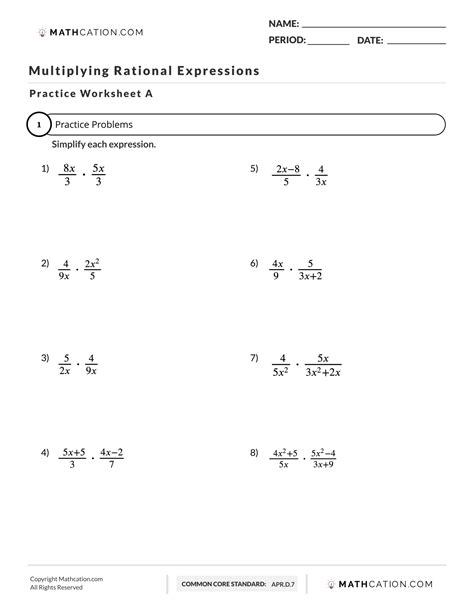 Multiplying Rational Expressions Worksheet