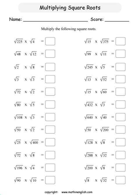 Multiplying Square Roots Worksheet
