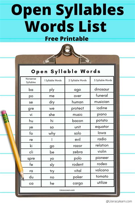 Multisyllable Words Word List Reading Universe Open Syllable Word List 5th Grade - Open Syllable Word List 5th Grade