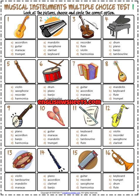 Musical Instruments Questions For Tests And Worksheets Musical Instruments Worksheet - Musical Instruments Worksheet