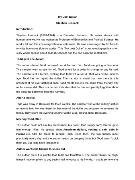 My Lost Dollar Summary