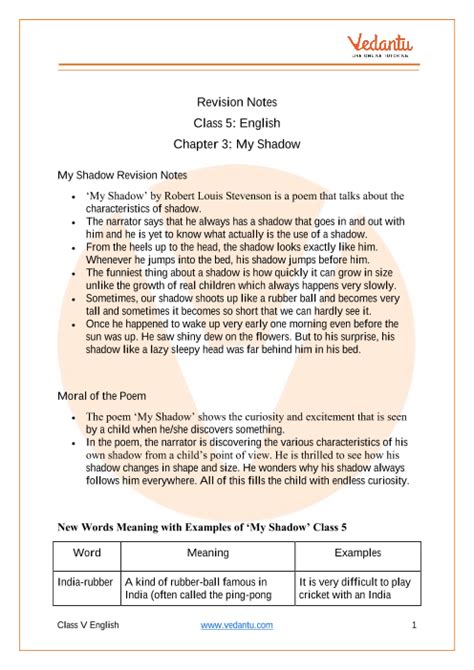 My Shadow Class 5 Notes Cbse English Chapter Poem Comprehension For Grade 5 Cbse - Poem Comprehension For Grade 5 Cbse