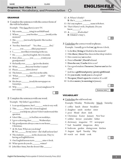 Name Class English File Progress Test Files 1 6 Grammar