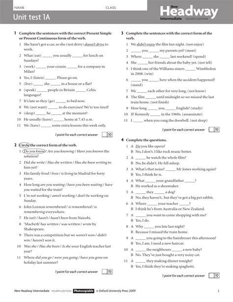 Name Class Headway Unit Test 2a Createsolutions