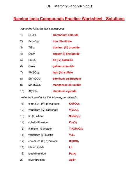 Naming Ionic Compounds Practice Answer Key