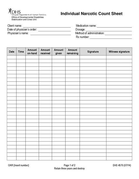 Narcotic Count Sheet Template