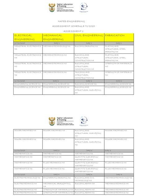 Nated Engineering Exam Timetable For 2014