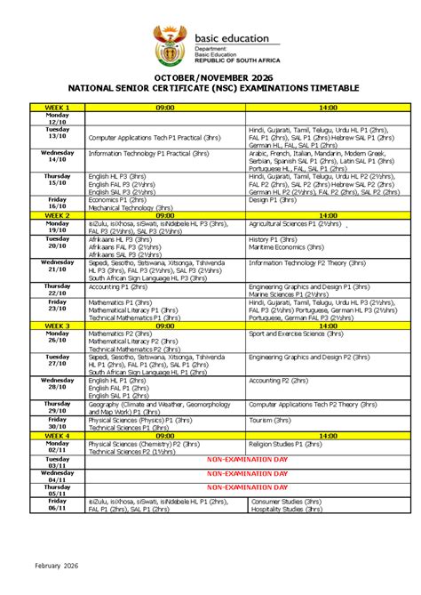national final exam timetable