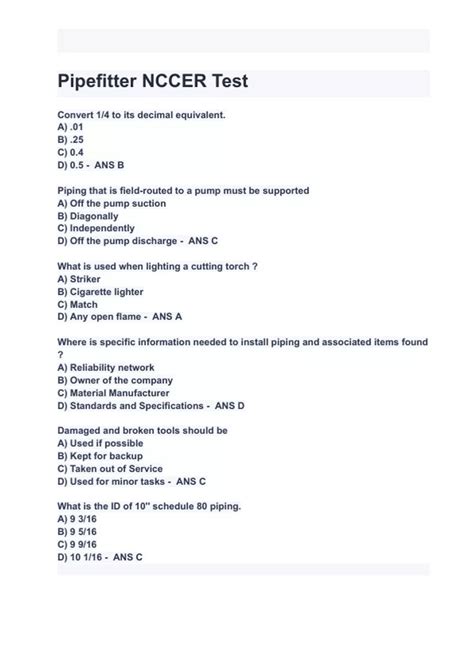 Nccer Pipefitter Test Questions