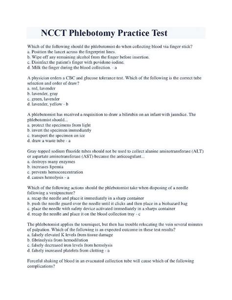 ncct phlebotomy practice test questions