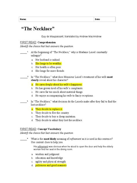 Necklace Answer Key