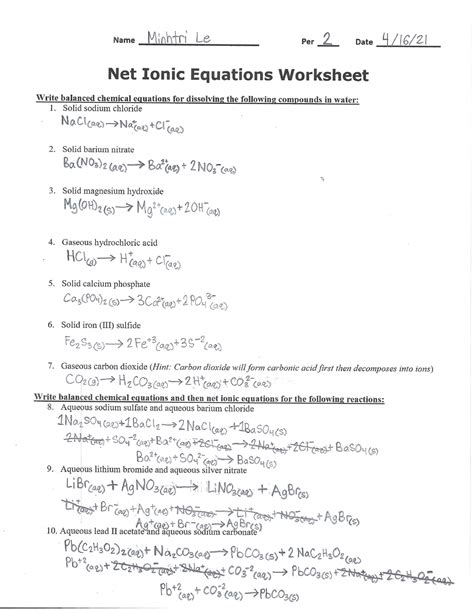 net ionic equations with answers