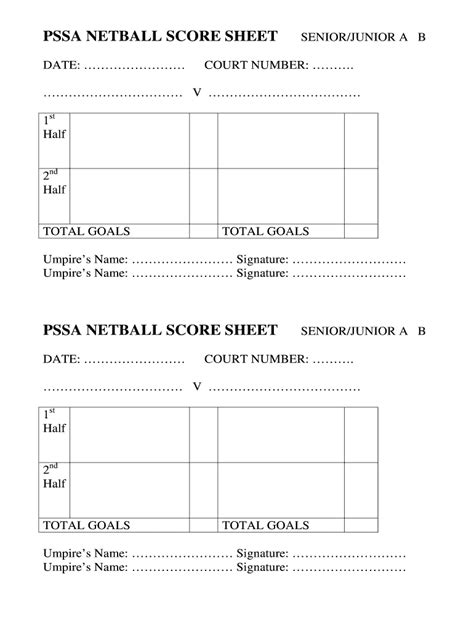 Netball Score Sheet Pssa