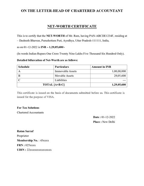 Networth Certificate Format
