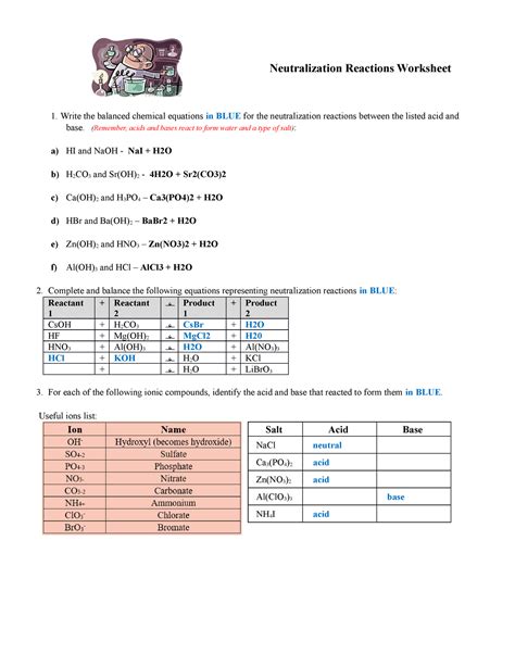 Neutralization Reactions Worksheet Answer Key