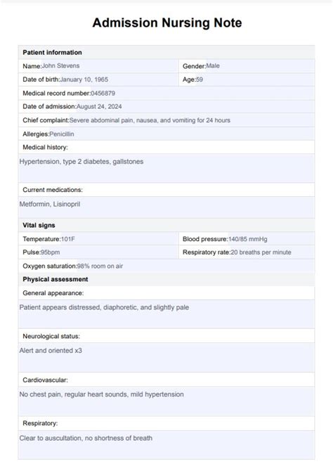 New Admission Nursing Note Example