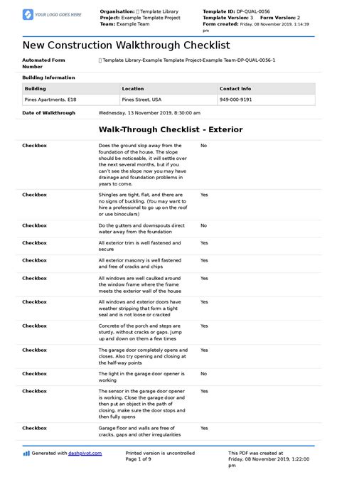 New Construction Walk Through Checklist