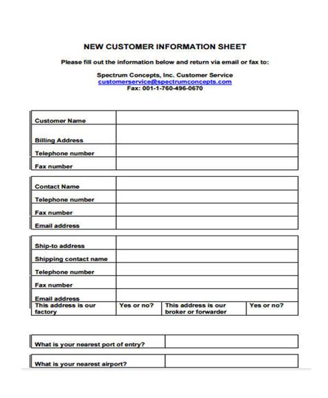 New Customer Information Sheet Template For Business