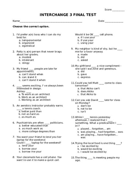 New Interchange 3 Final Exam