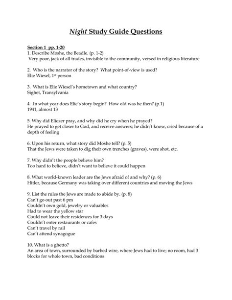 Download Night Elie Wiesel Study Guide Discussion Questions 