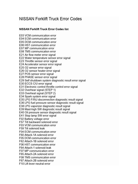 Nissan Forklift Error Codes