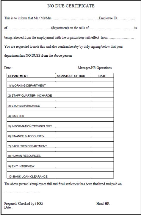 No Due Certificate Format