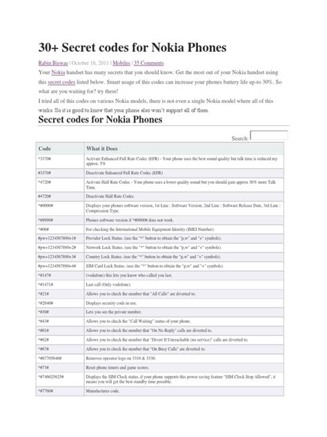 Nokia Secret Codes