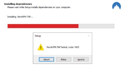 nordvpn tap failed code 1603
