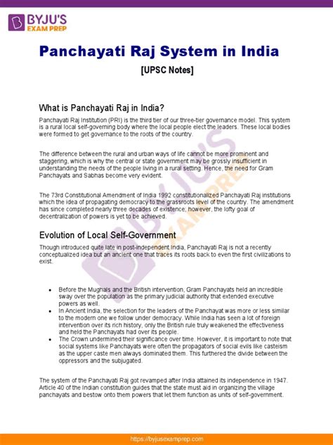 Notes On Panchayati Raj System In India