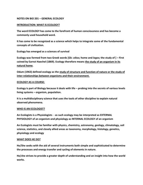 Read Notes On Bio 201 General Ecology Introduction 