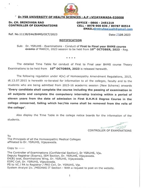 Notification Second Bhms Degree Regular Examinations 2010