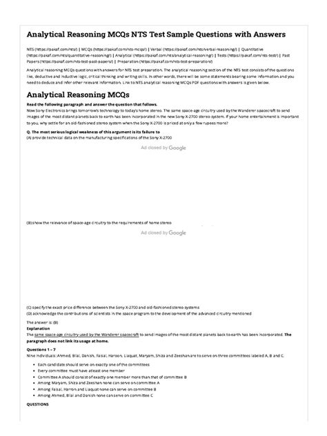 Nts Analytical Reasoning Mcqs