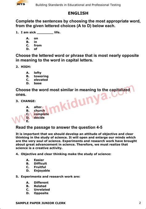 Nts Sample Paper For Junior Clerk