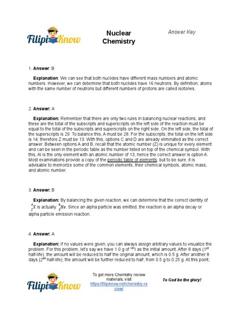 nuclear chemistry answer sheet
