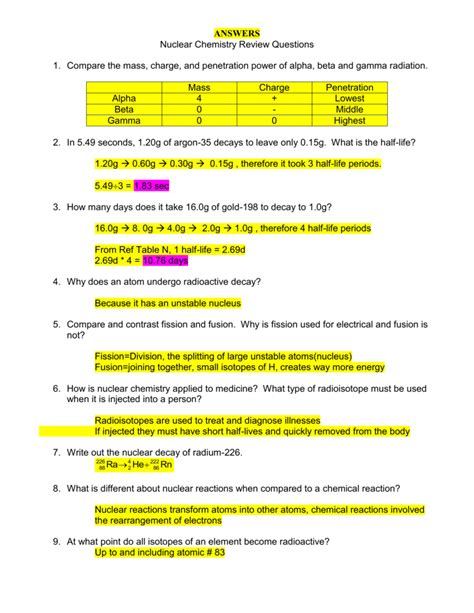 Nuclear Chemistry Concept Review Answer Key