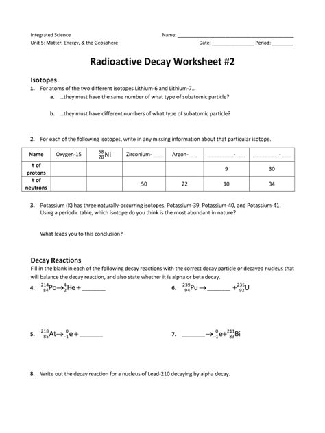 Nuclear Decay Worksheet Radioactive Decay Worksheet - Radioactive Decay Worksheet