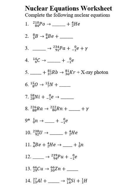 Nuclear Equation Practice Unit 13 Lesson 1