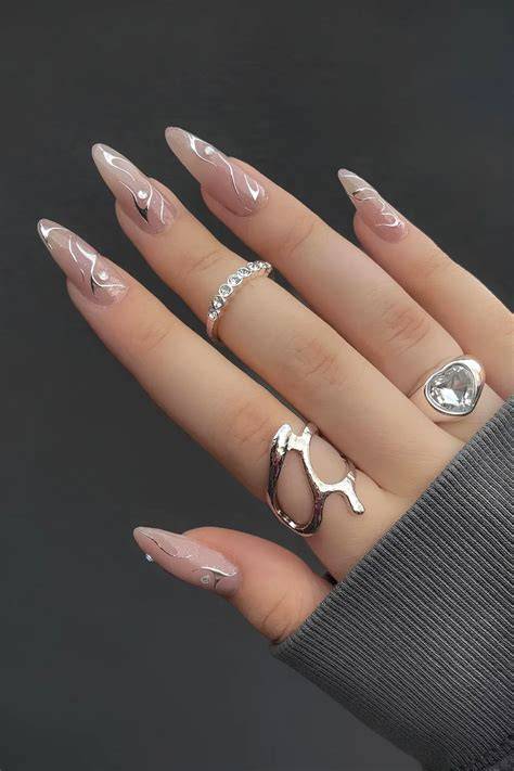 nude and silver nails