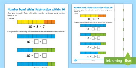 Number Bond Sticks Subtraction Within 10 Worksheet Twinkl Subtraction Using Number Bonds - Subtraction Using Number Bonds